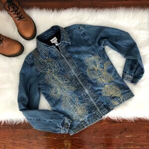 Chico's Zip Up Jean Jacket Embroidered Floral
